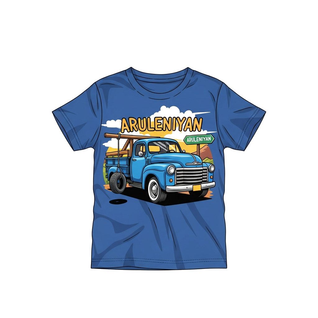 Custom design: A detailed, realistic illustration of a vintage blue truck, with a playful tire swing hanging from its side, and the ...