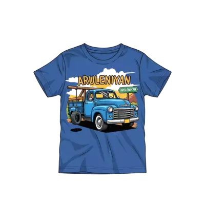 Design: A detailed, realistic illustration of a vintage blue truck, with a playful ti...