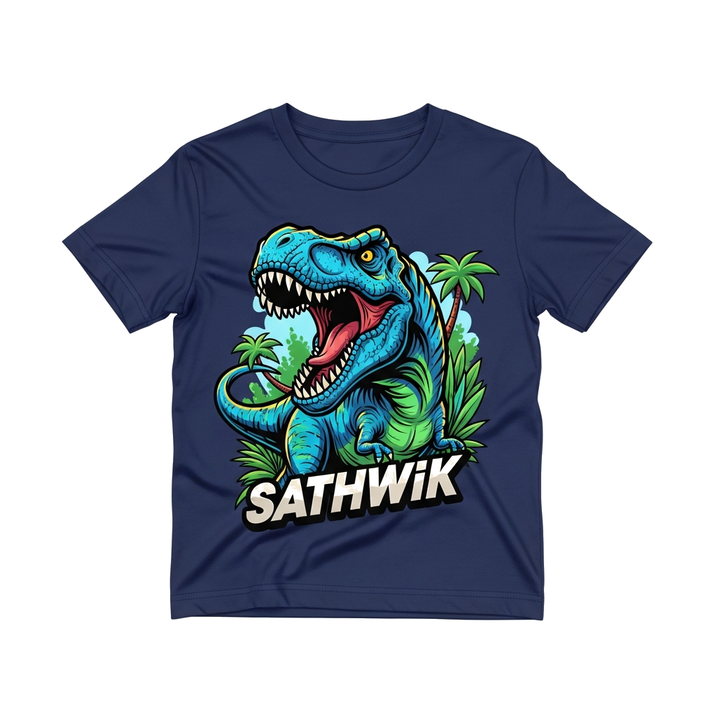 Custom design: A bold and cool T-Rex roaring, with vibrant blue and green scales, set against a stylized prehistoric jungle backdrop...