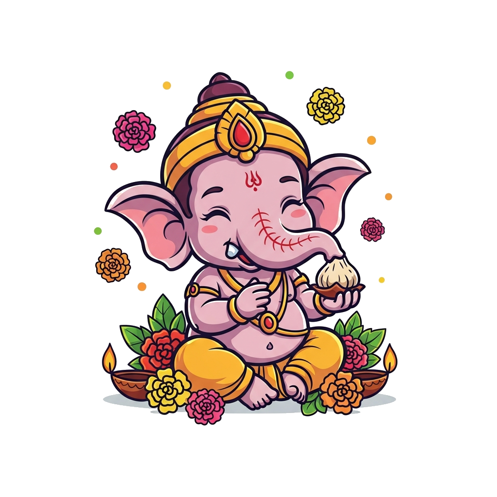 Custom design: A super cute, chibi-style baby Lord Ganesha, smiling and holding a tiny modak, surrounded by colorful marigold flower...