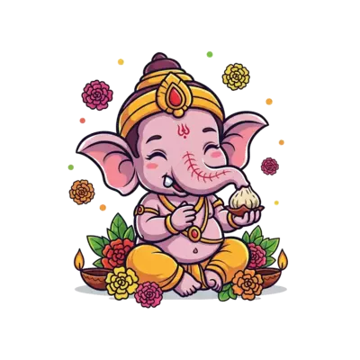 Design: A super cute, chibi-style baby Lord Ganesha, smiling and holding a tiny modak...