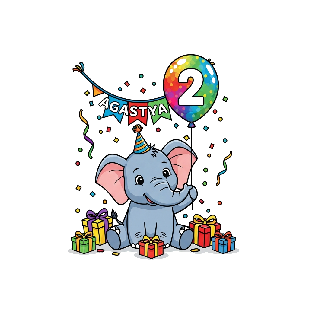 Custom design: A super cute baby elephant cartoon character, wearing a tiny birthday party hat, holding a vibrant balloon with the n...