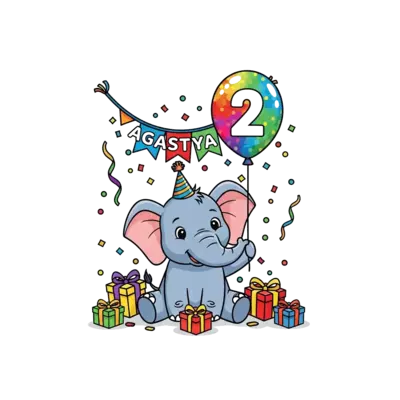 Design: A super cute baby elephant cartoon character, wearing a tiny birthday party h...