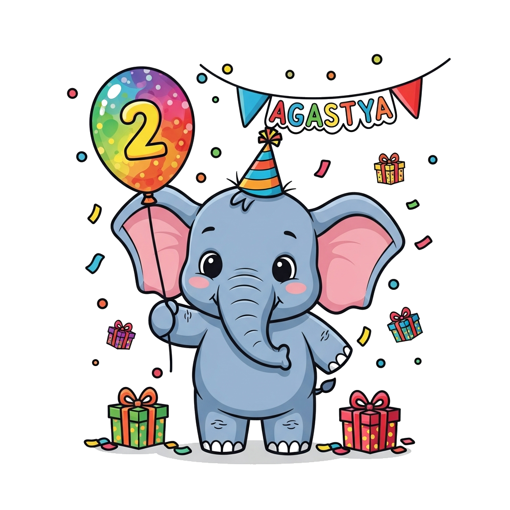 Custom design: A super cute baby elephant cartoon character, wearing a tiny birthday party hat, holding a vibrant balloon with the n...
