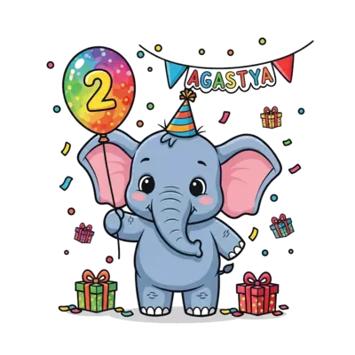 Design: A super cute baby elephant cartoon character, wearing a tiny birthday party h...