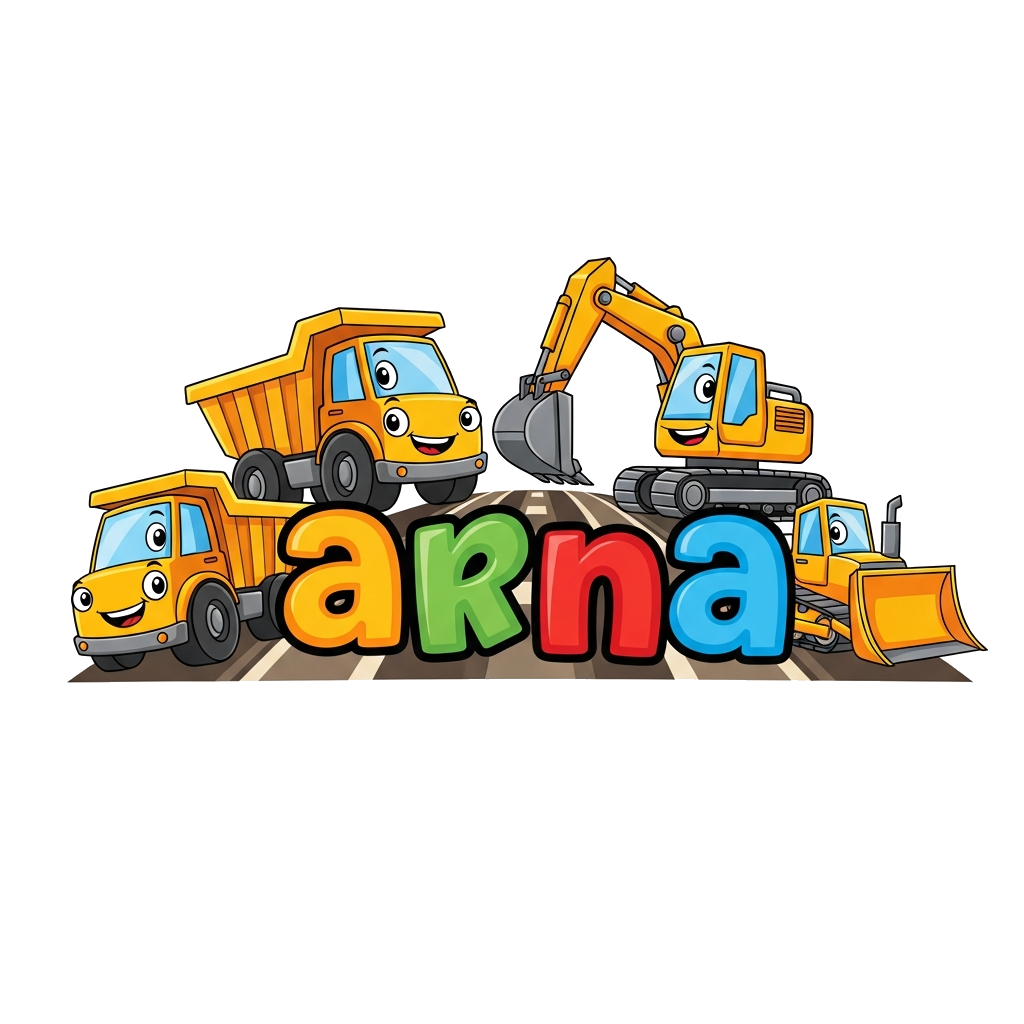 Custom design: A vibrant, playful cartoon illustration of various construction vehicles like a friendly dumper truck, an excavator, ...