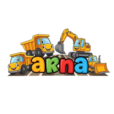 Design: A vibrant, playful cartoon illustration of various construction vehicles like...