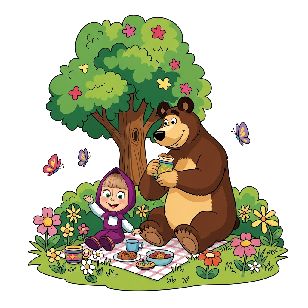 Custom design: A cheerful cartoon illustration of Masha and Bear having a picnic in a vibrant forest, surrounded by colorful flowers...