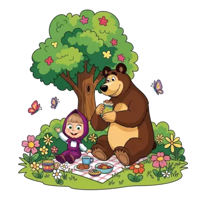 Design: A cheerful cartoon illustration of Masha and Bear having a picnic in a vibran...