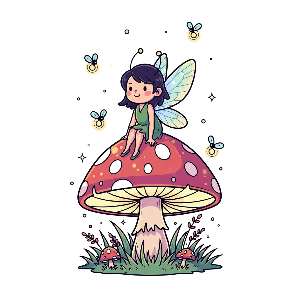 Custom design: A whimsical illustration of a tiny, smiling fairy with iridescent wings, sitting on a giant glowing mushroom in a mag...