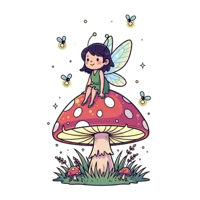 Design: A whimsical illustration of a tiny, smiling fairy with iridescent wings, sitt...