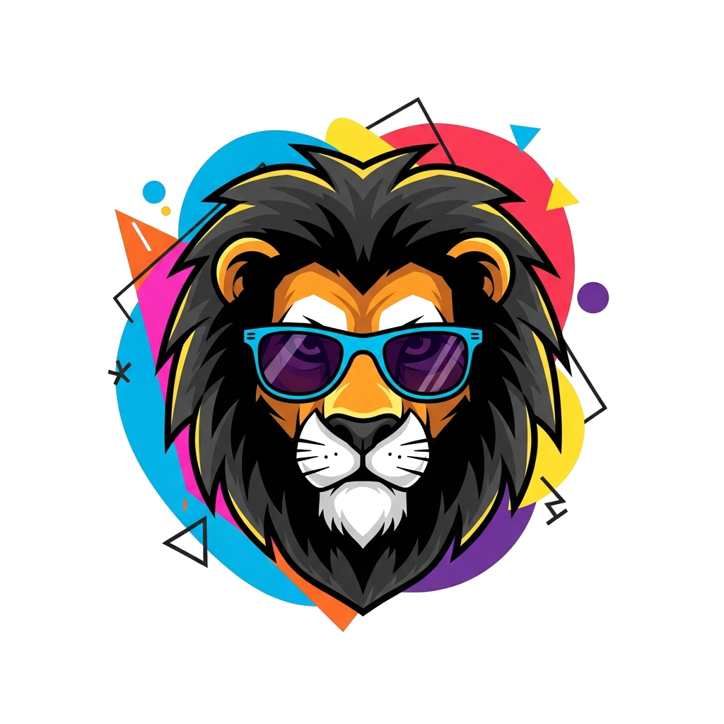 Custom design: A majestic cartoon lion's head, stylized and bold, with a cool expression, surrounded by abstract geometric shapes in...
