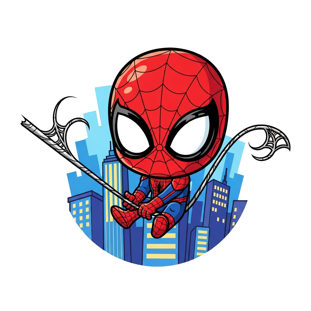 Custom design: A super cute, chibi-style Spider-Man character, with an oversized head and big friendly eyes, playfully swinging on a...