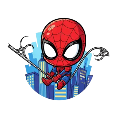 Design: A super cute, chibi-style Spider-Man character, with an oversized head and bi...