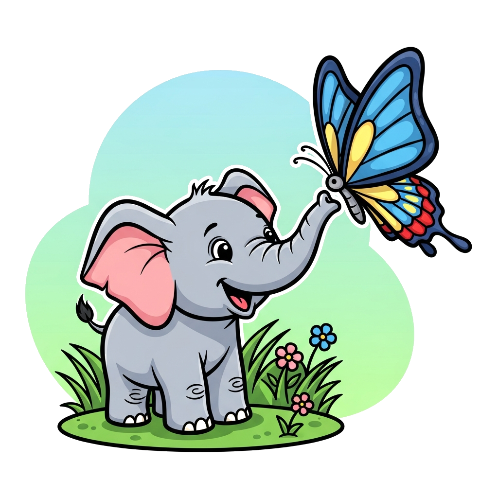 Custom design: A whimsical illustration of a happy baby elephant playing with a colorful butterfly in a lush green field, vibrant ca...