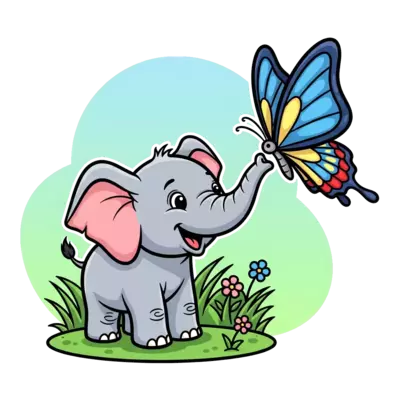 Design: A whimsical illustration of a happy baby elephant playing with a colorful but...