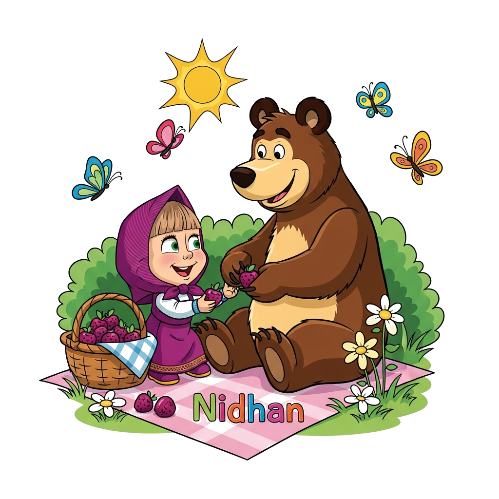 Custom design: An adorable cartoon illustration of Masha and Bear having a picnic in a sunny forest, with Masha happily sharing berr...