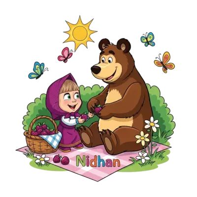 Design: An adorable cartoon illustration of Masha and Bear having a picnic in a sunny...