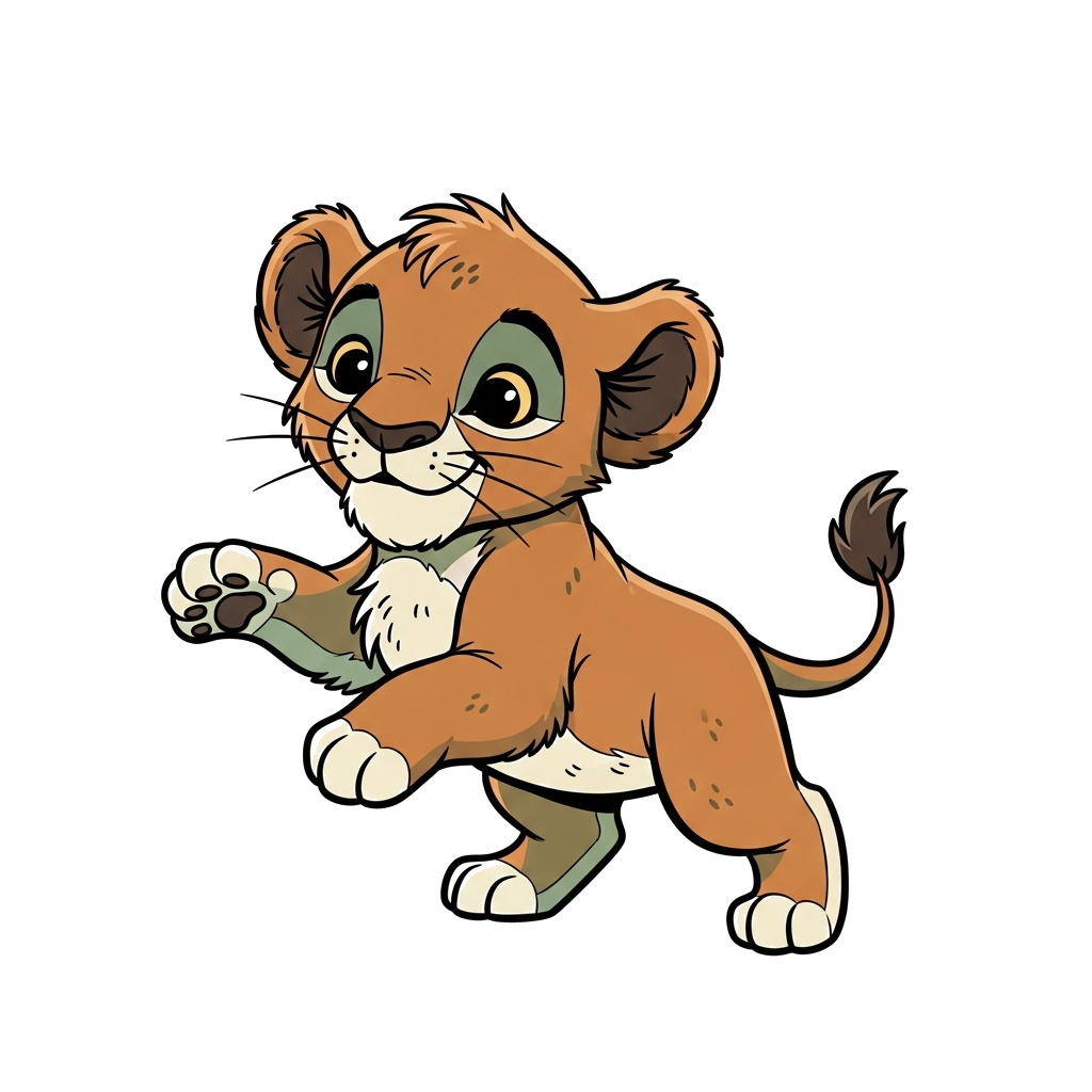 Custom design: A charming, stylized illustration of a playful lion cub in a classic children's storybook art style, with a muted col...