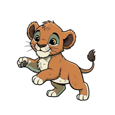Design: A charming, stylized illustration of a playful lion cub in a classic children...