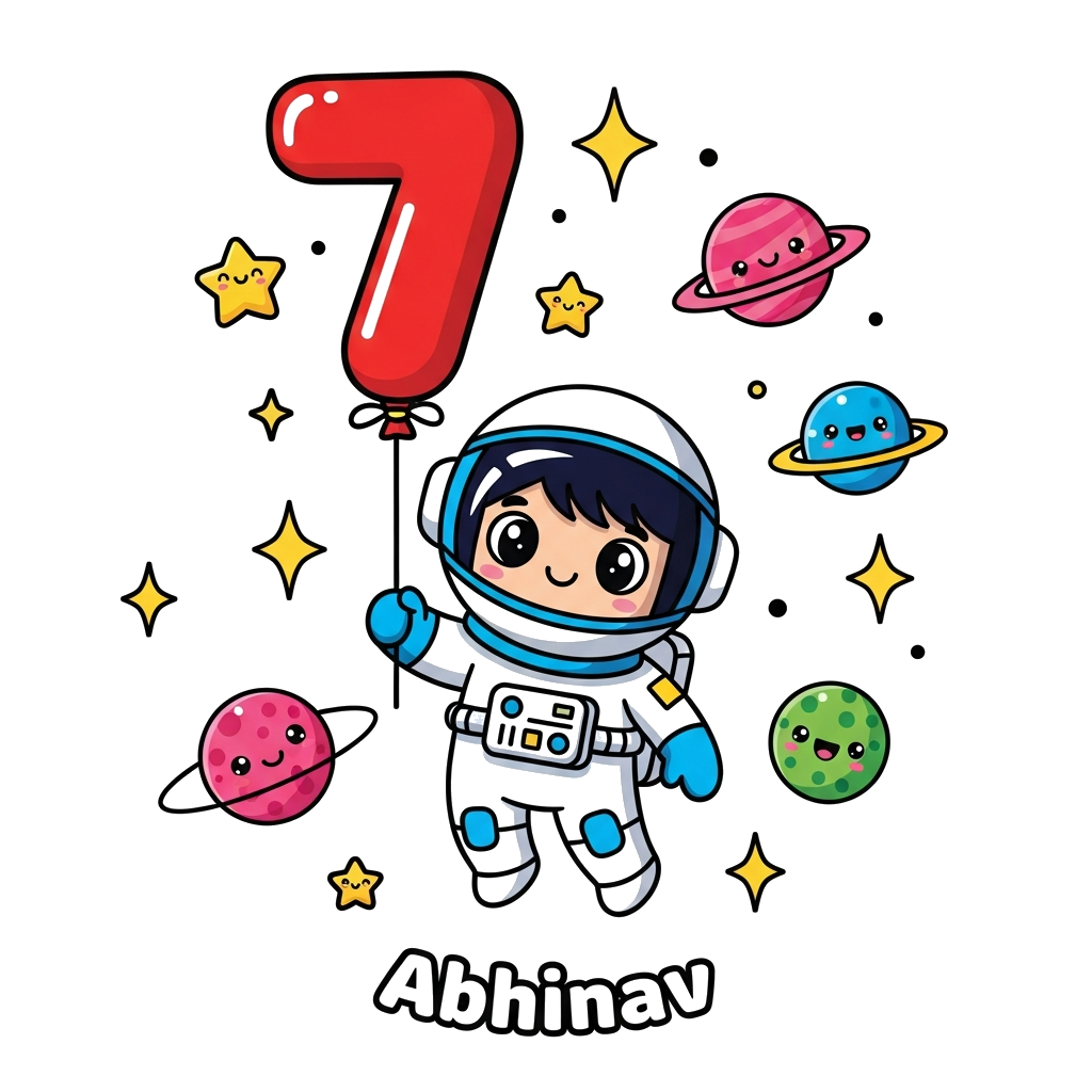 Custom design: A cheerful cartoon astronaut character, holding a '7' shaped balloon, floating happily in a vibrant outer space scene...