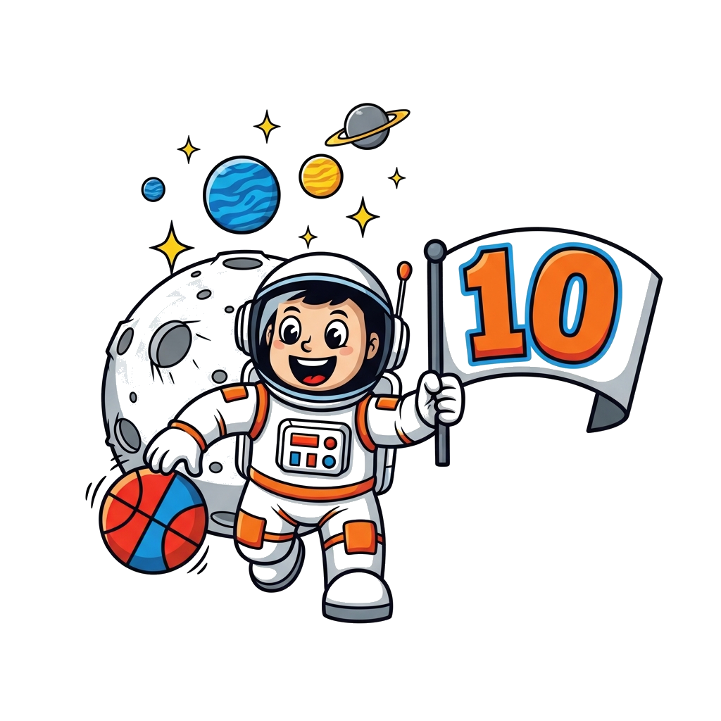 Custom design: A cheerful cartoon astronaut playing basketball on the moon, with planets and stars in the background, holding a bann...