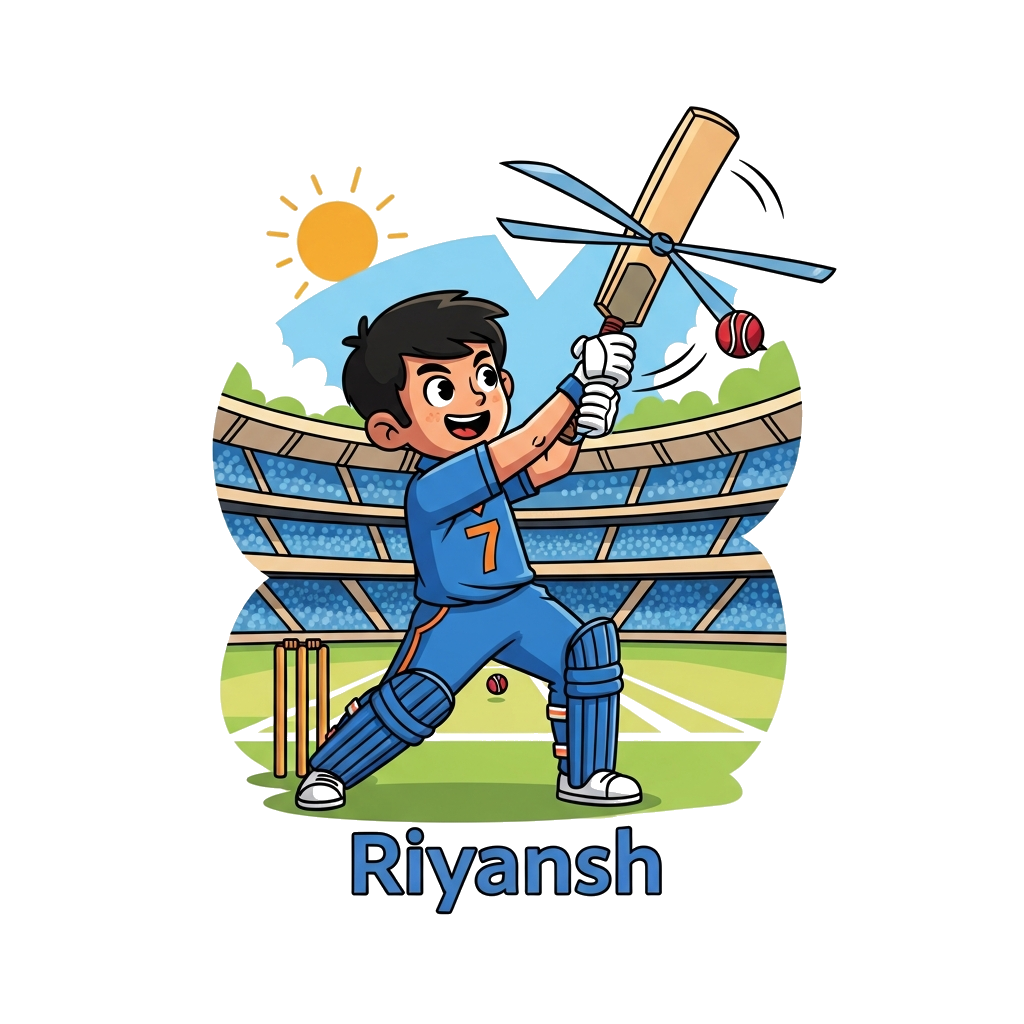 Custom design: A cute cartoon illustration of a young Indian boy named Riyansh, wearing a blue cricket jersey with the number 7, in ...