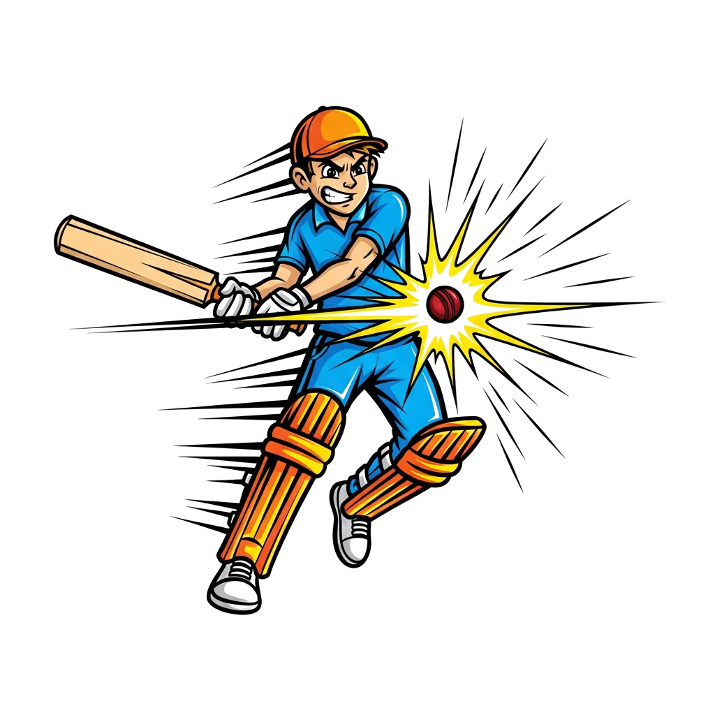 Custom design: A dynamic, cool cartoon boy cricketer in action, hitting a powerful shot, with motion lines and a burst of energetic ...