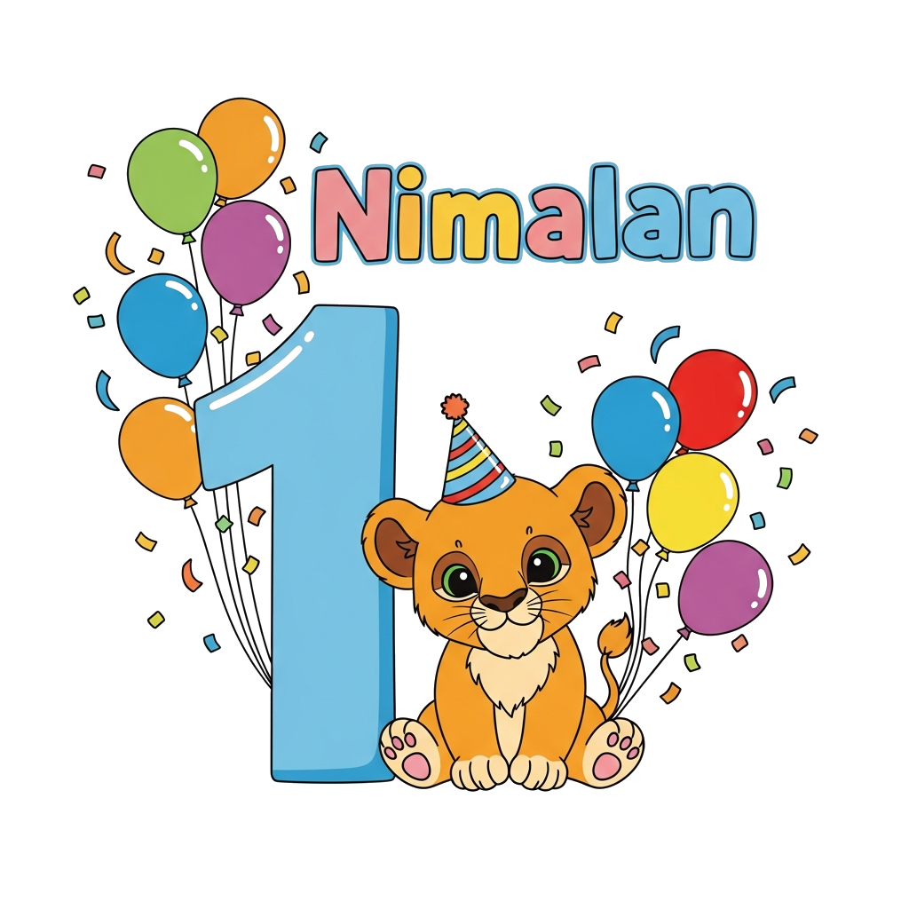Custom design: A super cute baby lion cub wearing a tiny party hat, sitting next to a big number '1', with colorful balloons and con...