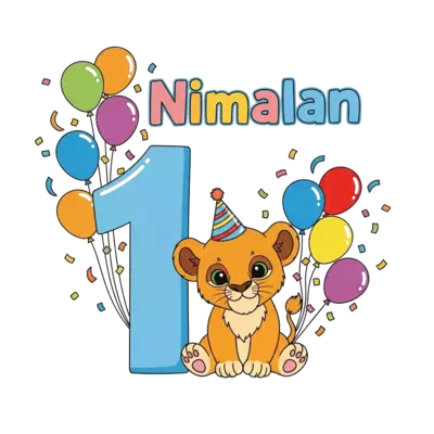 Design: A super cute baby lion cub wearing a tiny party hat, sitting next to a big nu...