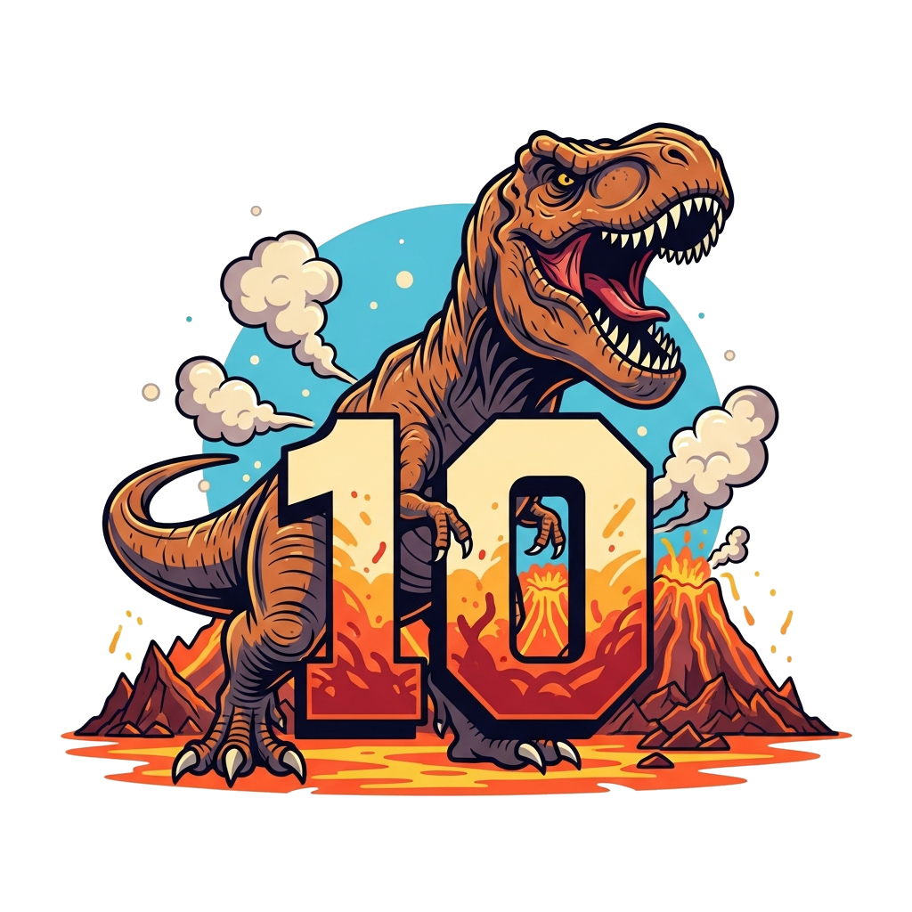 Custom design: A powerful, stylized T-Rex roaring with a large, bold '10' integrated into the design, set against a volcanic landsca...