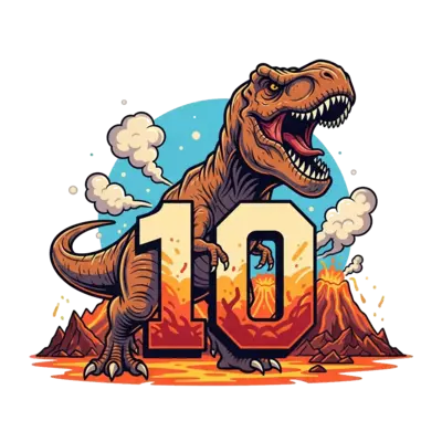 Design: A powerful, stylized T-Rex roaring with a large, bold '10' integrated into th...