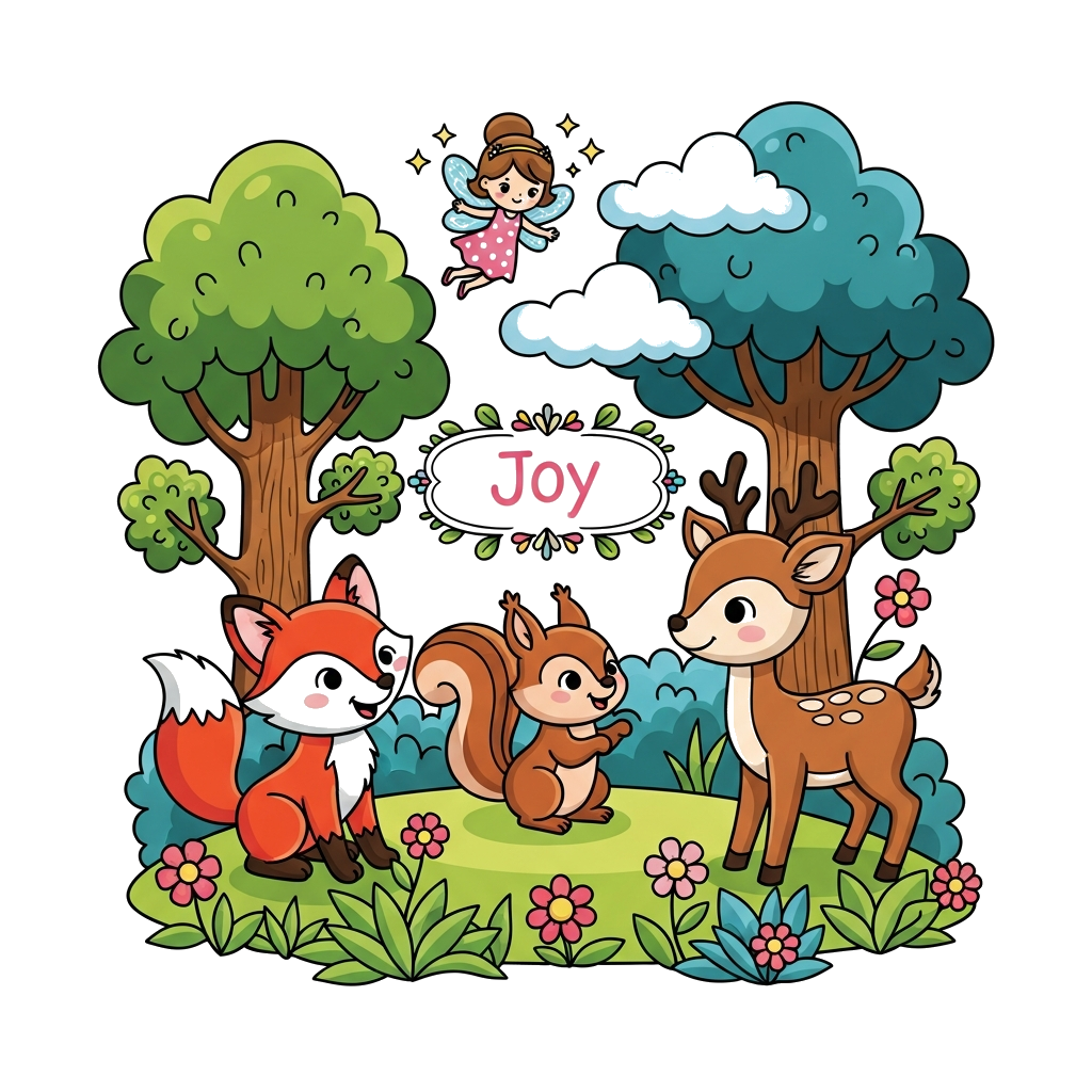 Custom design: A cheerful cartoon illustration of a whimsical forest scene with adorable animals like a fox, a squirrel, and a deer ...
