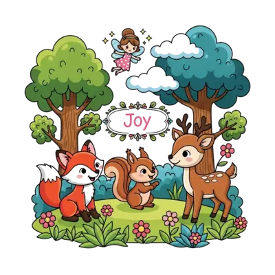 Design: A cheerful cartoon illustration of a whimsical forest scene with adorable ani...