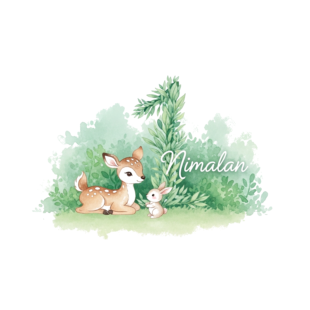 Custom design: A whimsical watercolor illustration of a baby deer and a tiny bunny playing gently in a lush, soft green forest. The ...