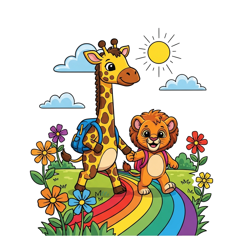 Custom design: A vibrant, playful illustration of a cheerful cartoon giraffe and a friendly lion cub, both wearing small, colorful b...