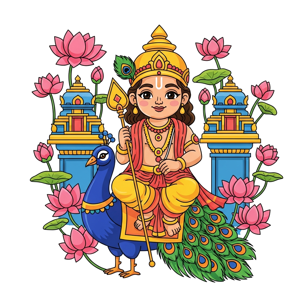 Custom design: A charming, youthful Lord Murugan with a gentle smile, holding his Vel (spear) and riding his peacock, surrounded by ...