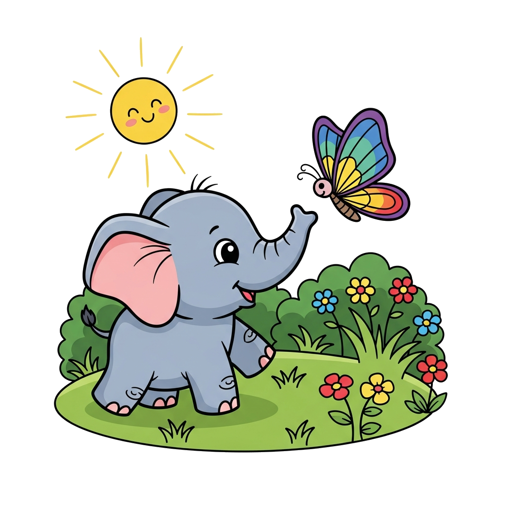 Custom design: A super cute baby elephant playing with a colorful butterfly in a lush green meadow, sunshine, cartoon style, vibrant...