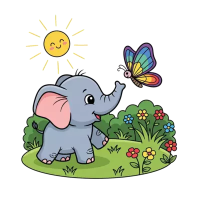 Design: A super cute baby elephant playing with a colorful butterfly in a lush green ...