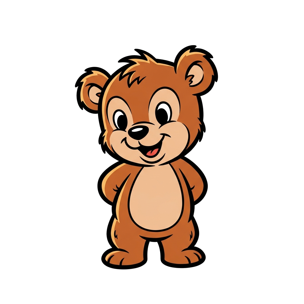 Custom design: A charming illustration of a happy retro cartoon bear cub, styled like a 1950s animation character, with a friendly s...