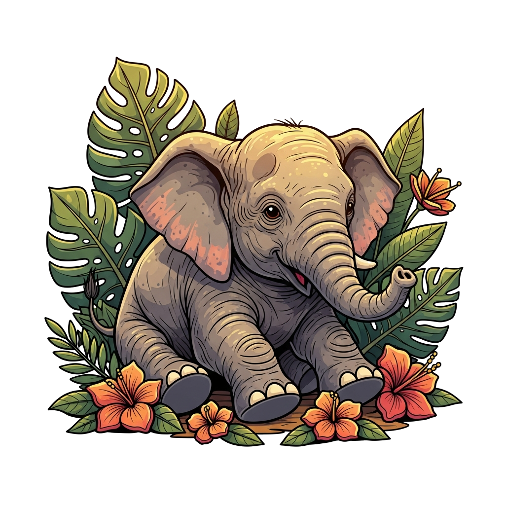 Custom design: A highly detailed and realistic (yet friendly and cute) illustration of a baby elephant playing amongst lush green le...