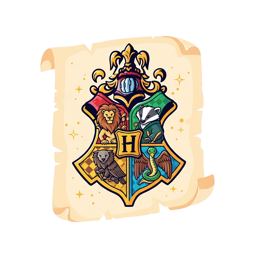 Custom design: A vibrant, simplified Hogwarts crest with slightly softened edges, featuring the four house mascots (lion, badger, ea...