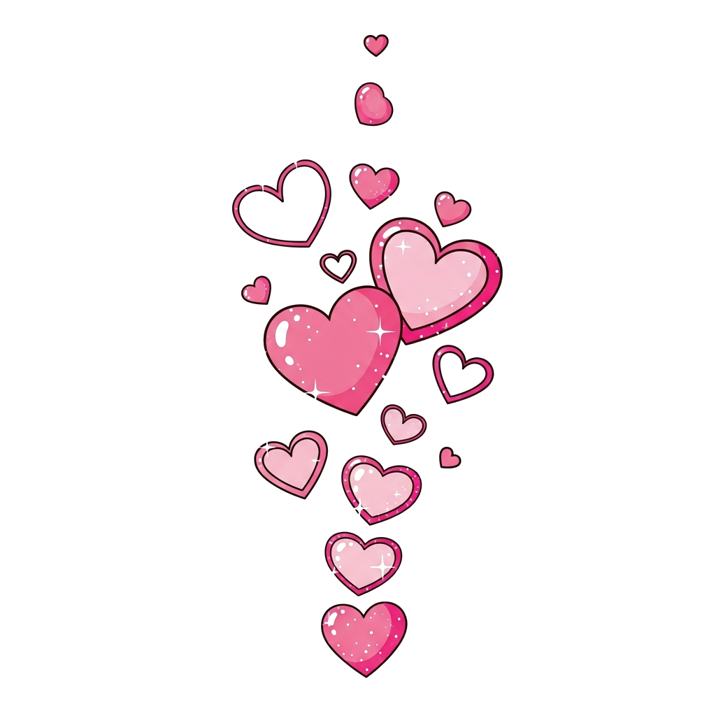 Custom design: A whimsical illustration of various sizes of pink hearts, some solid, some translucent, some outlined, all with subtl...