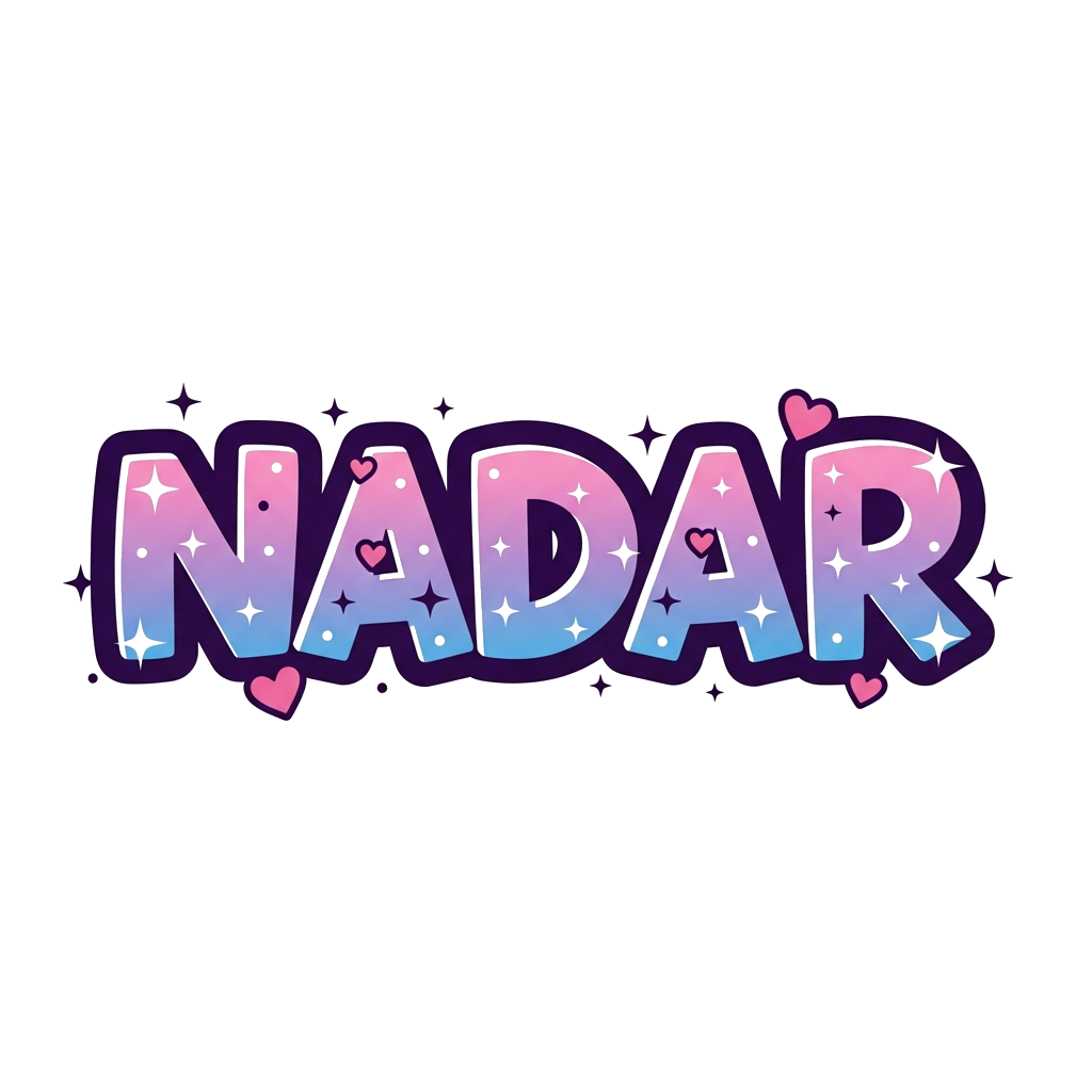 Custom design: The name Nadar written in pastel pink purple and blue with sparkles and small hearts 