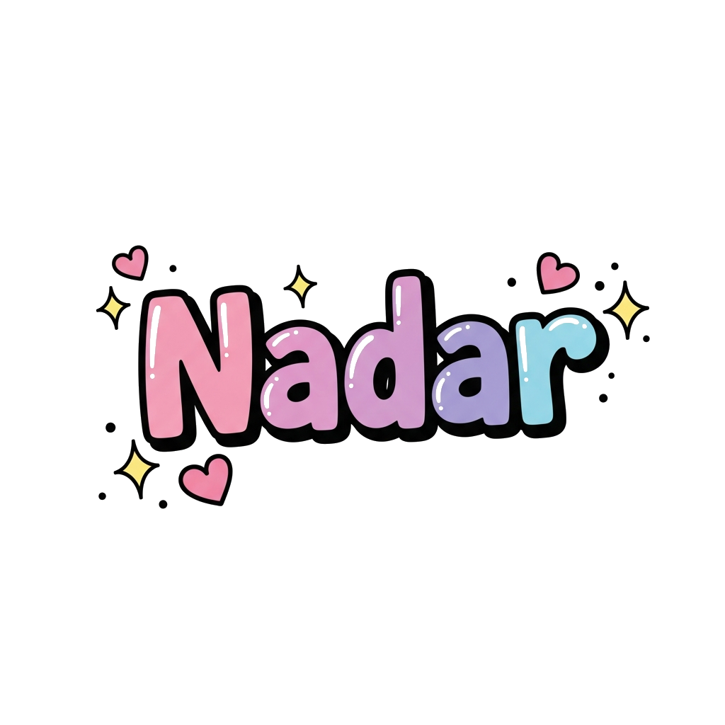 Custom design: Name Nadar written in pastel pink purple and blue with sparkles and small hearts on the back of the t-shirt