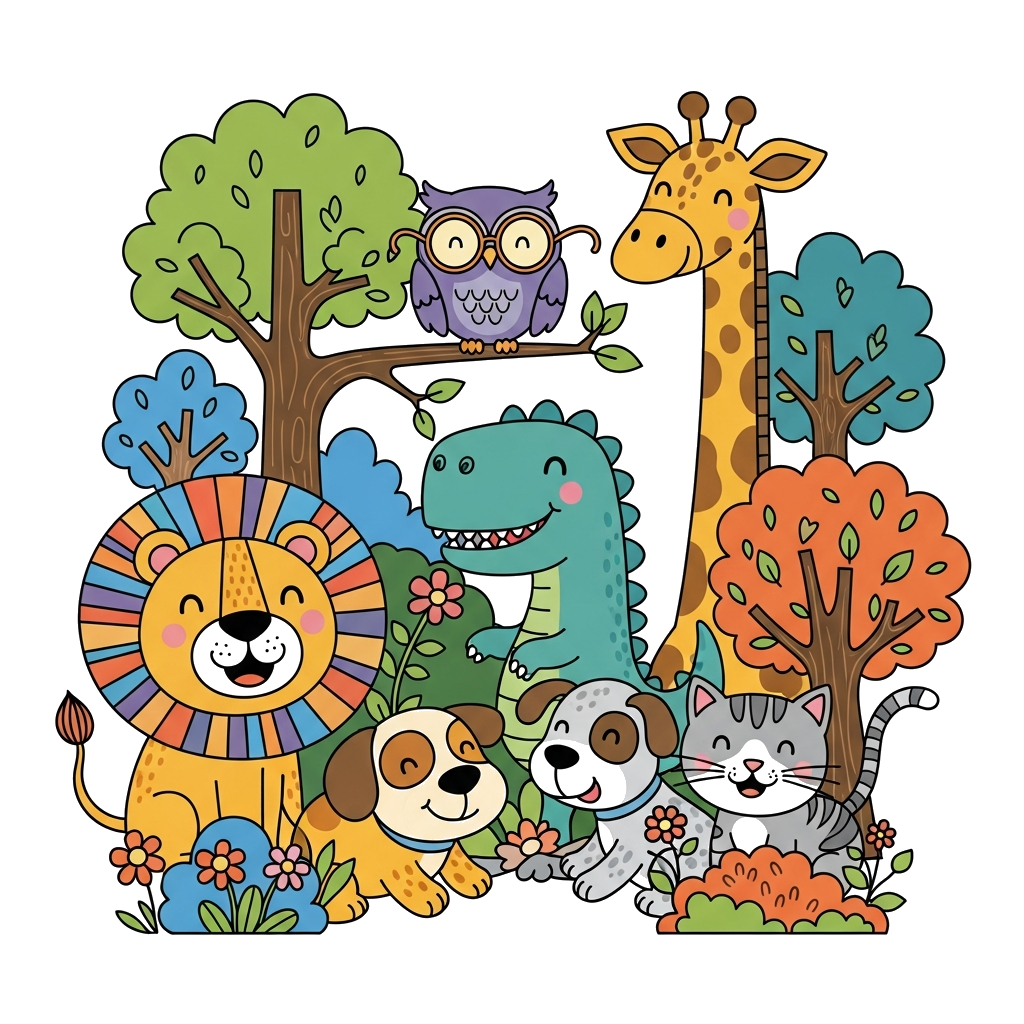 Custom design: A whimsical cartoon illustration featuring a group of happy animal friends: a cheerful lion, a wise owl, a tall giraf...