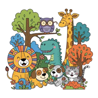 Design: A whimsical cartoon illustration featuring a group of happy animal friends: a...