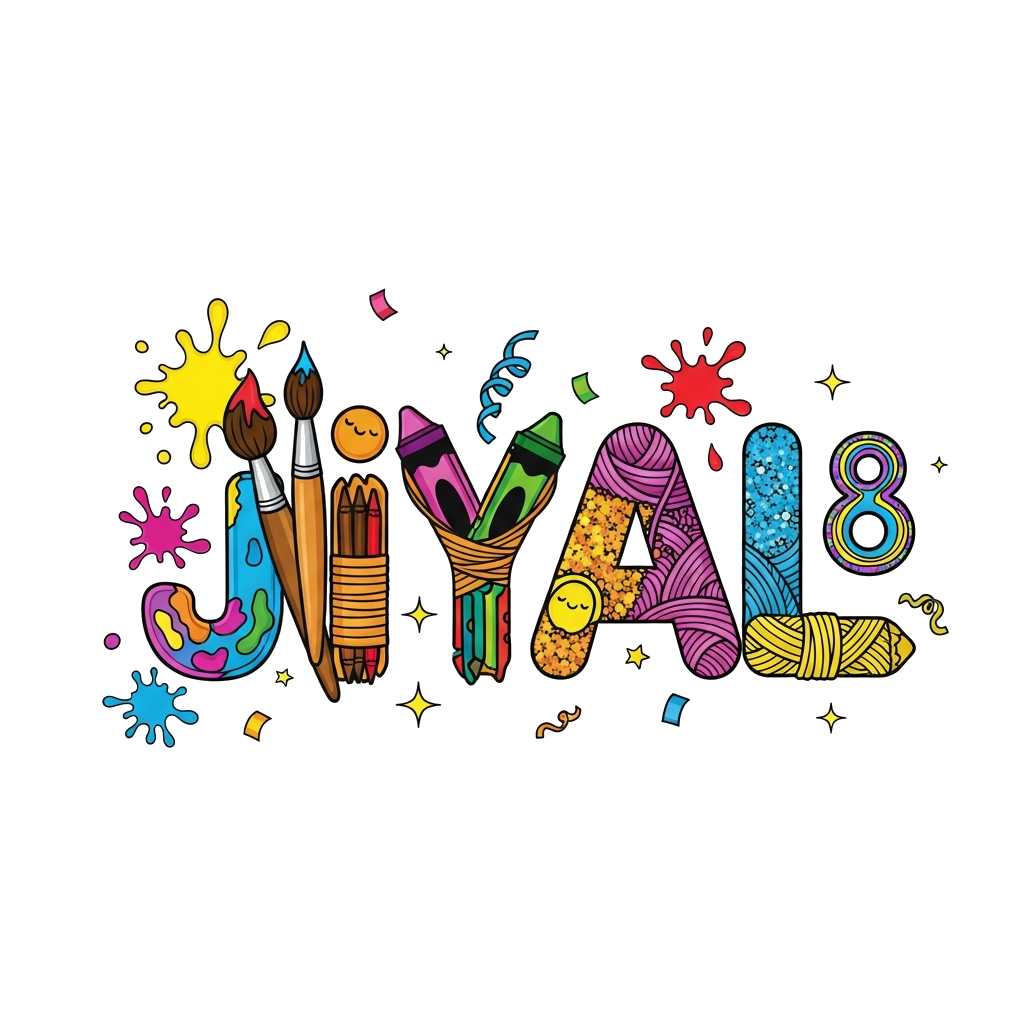 Custom design: A whimsical and vibrant illustration of the name "JIYAL" creatively formed from colorful art supplies like paintbrush...