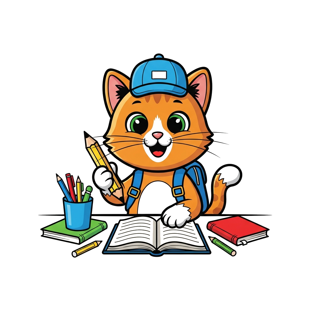 Custom design: A cheerful, anthropomorphic cartoon cat wearing a tiny backpack and holding a pencil, sitting at a desk with an open ...