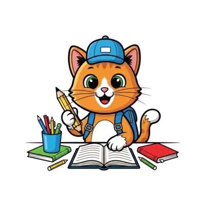 Design: A cheerful, anthropomorphic cartoon cat wearing a tiny backpack and holding a...